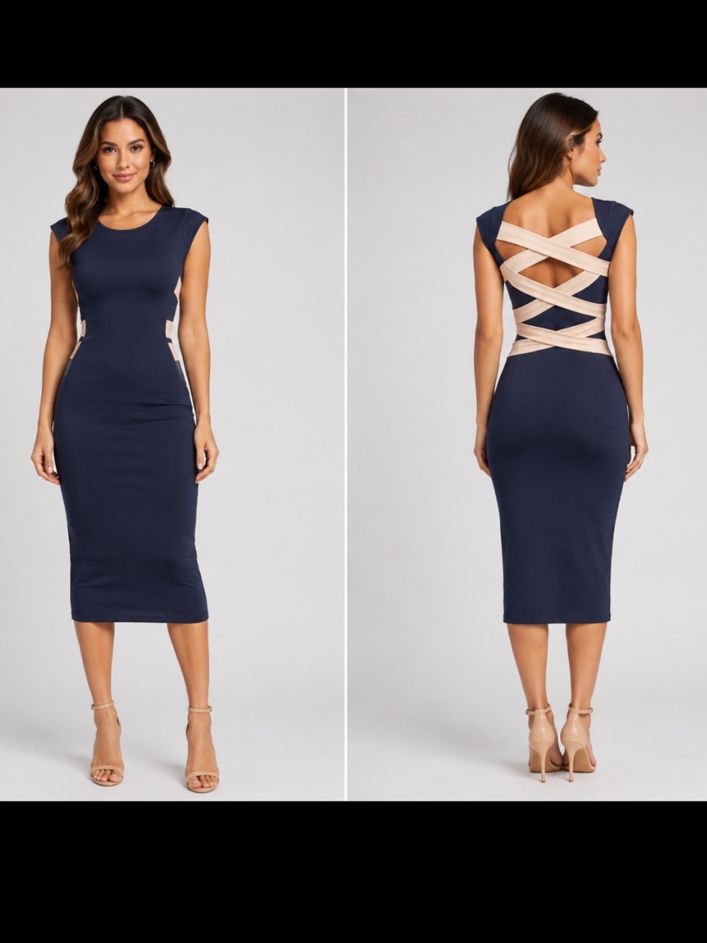 🌺NWT MARYSUN navy blue & beige dress Size M Unique back - TAKE A LOOK